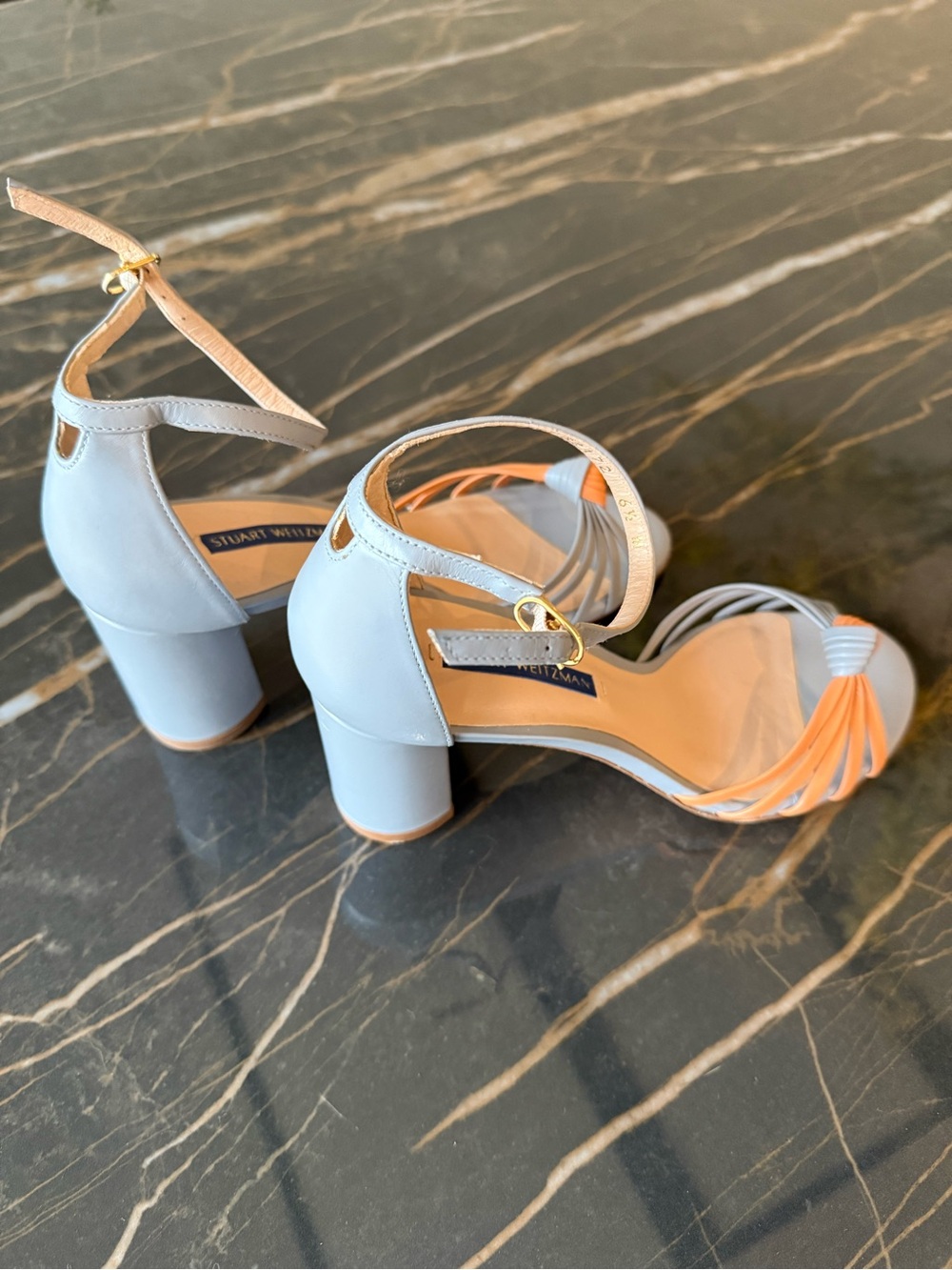 Stuart Weitzman Sky Blue and Orange Knotted Strappy Block Heel Sandals - Picture 2 of 4